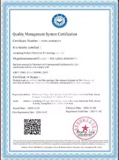 Китай Langfang Lvshen Filtration Technology Co., Ltd. Сертификаты
